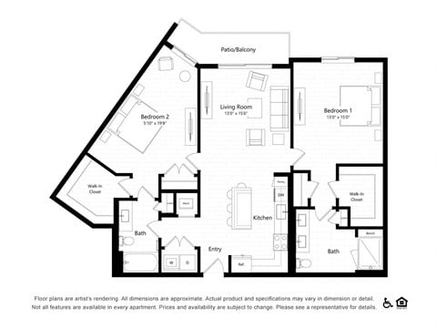Floor plan for 2 beds, 2 baths, 1359 sqft